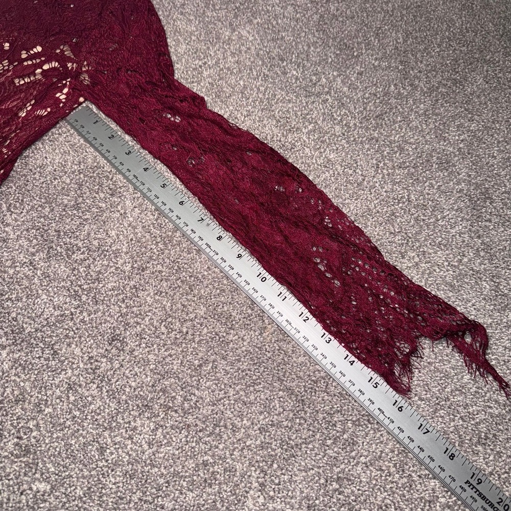 Women's Long Sleeve Maroon Lace Overlay Dress w/ Nude Lining - Picture 6 of 12